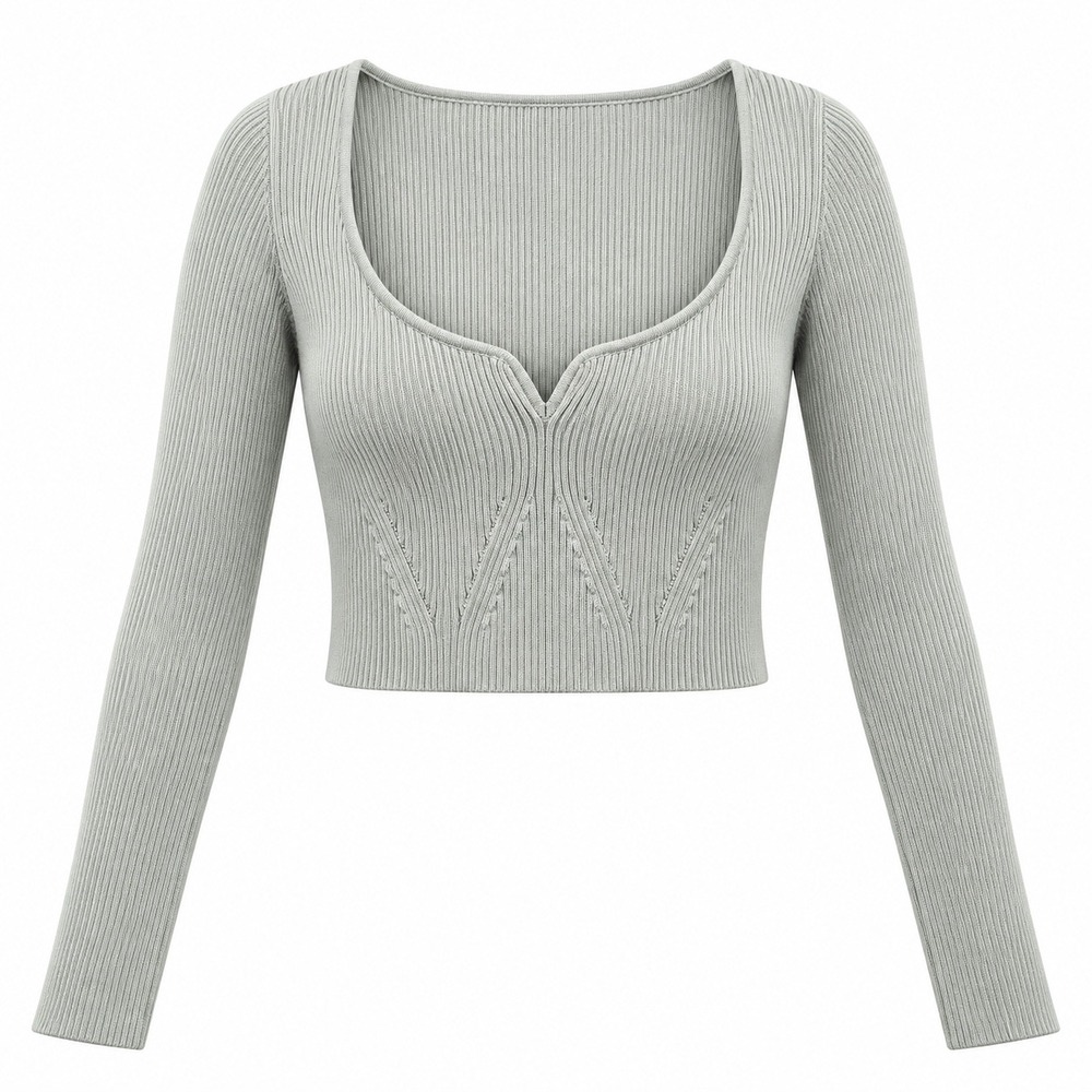 Zara Ribbed Knit Crop Top Womens Medium Sage Green Sweetheart Long Sleeve